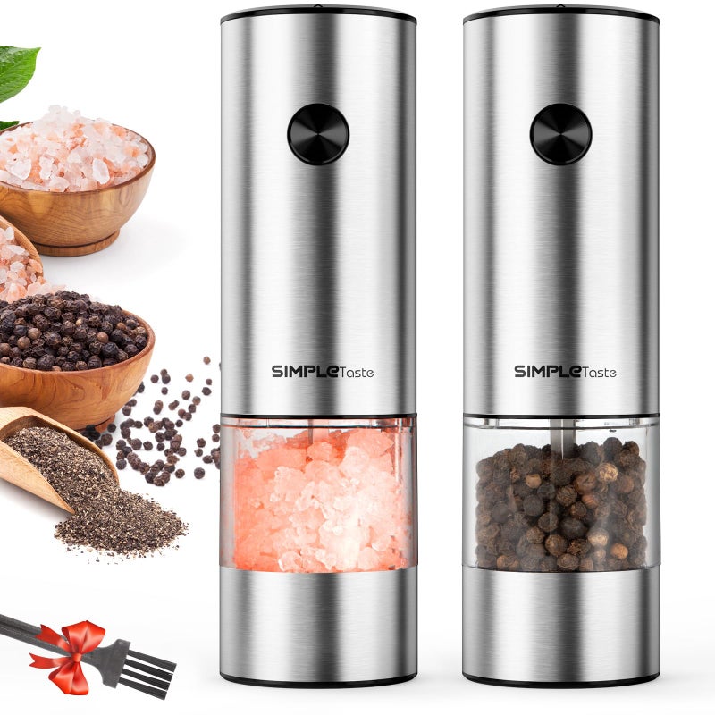 SIMPLETASTE Electric Salt and Pepper Grinder Set Automatic One Handed, Stainless Mill Shakers with Lights and Adjustable Coarseness, Battery Operated - Image 1